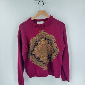 Jennifer‎ Reed Hand-Knit Ramie Cotton Sweater Small Magenta Medallion Boho Art